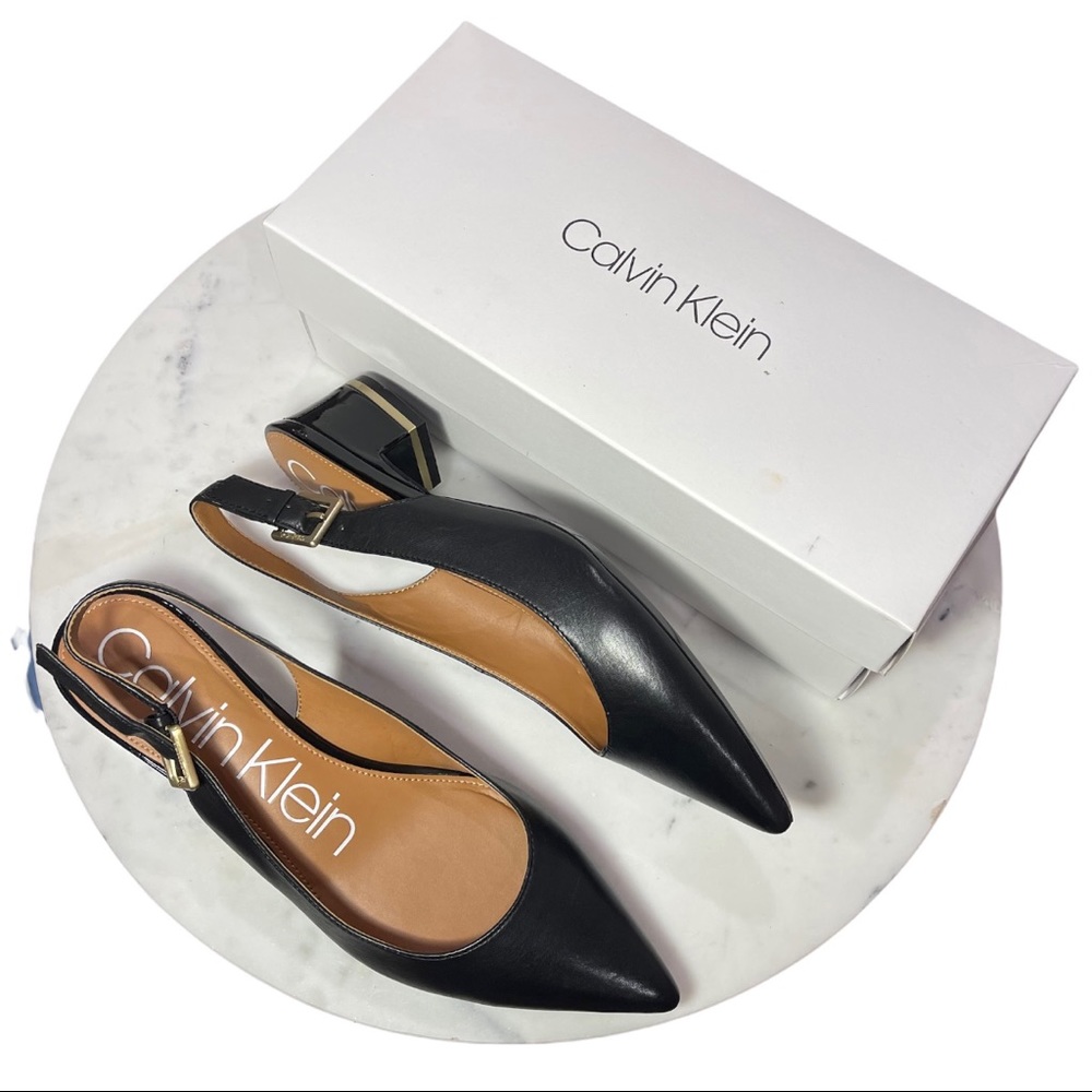Calvin Klein Black Leather Pointed Slingback Pumps